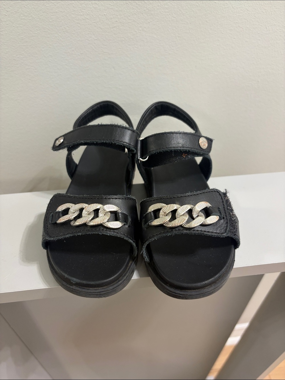 Kids Italian Leather Black Chain Accent Sandals